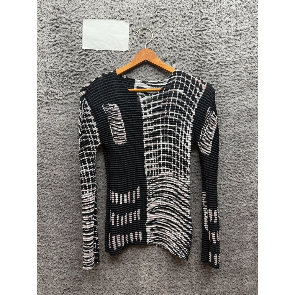 Vintage Issey Miyake Geometric Pattern Pleated HighNeck Long Sleeve Top Womens M